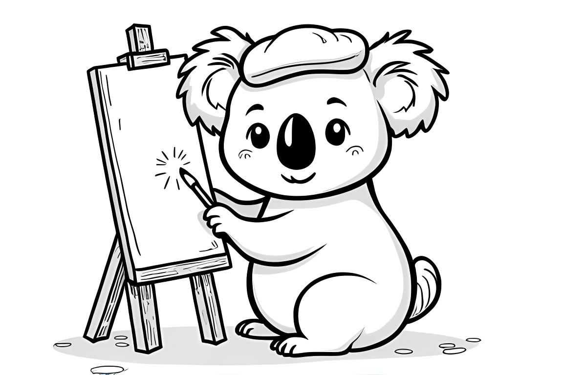 Creative children's coloring book page showing an artist koala painting on an easel, perfect for 6-year-olds