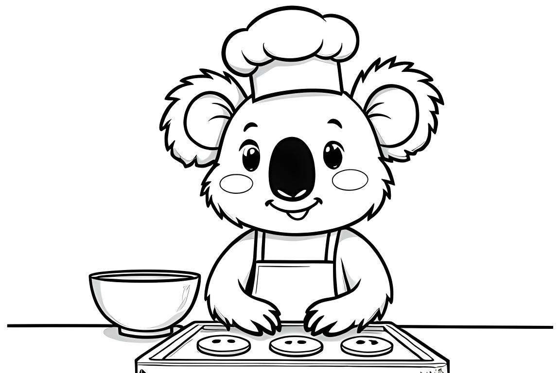 Divertente illustrazione da colorare per bambini di un koala chef che cuoce biscotti, ideale per 6 anni