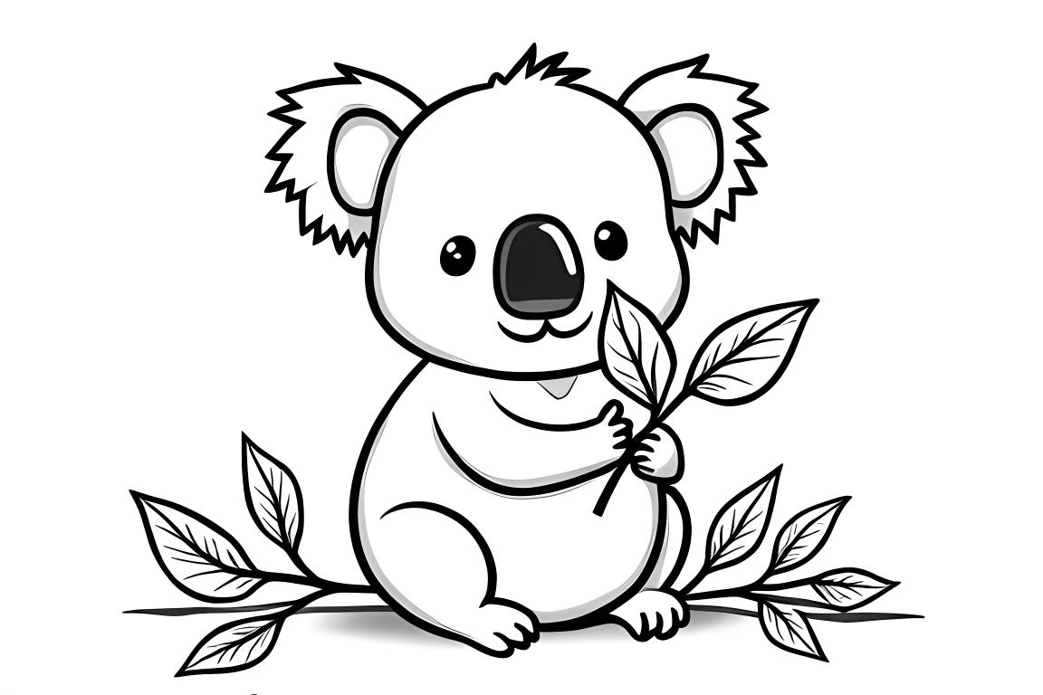 Ilustración simple para libro para colorear infantil de un koala comiendo hojas de eucalipto para niños de 3 años