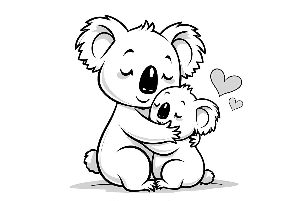 Ilustración simple para libro para colorear infantil de familia de koalas abrazándose para niños de 3 años