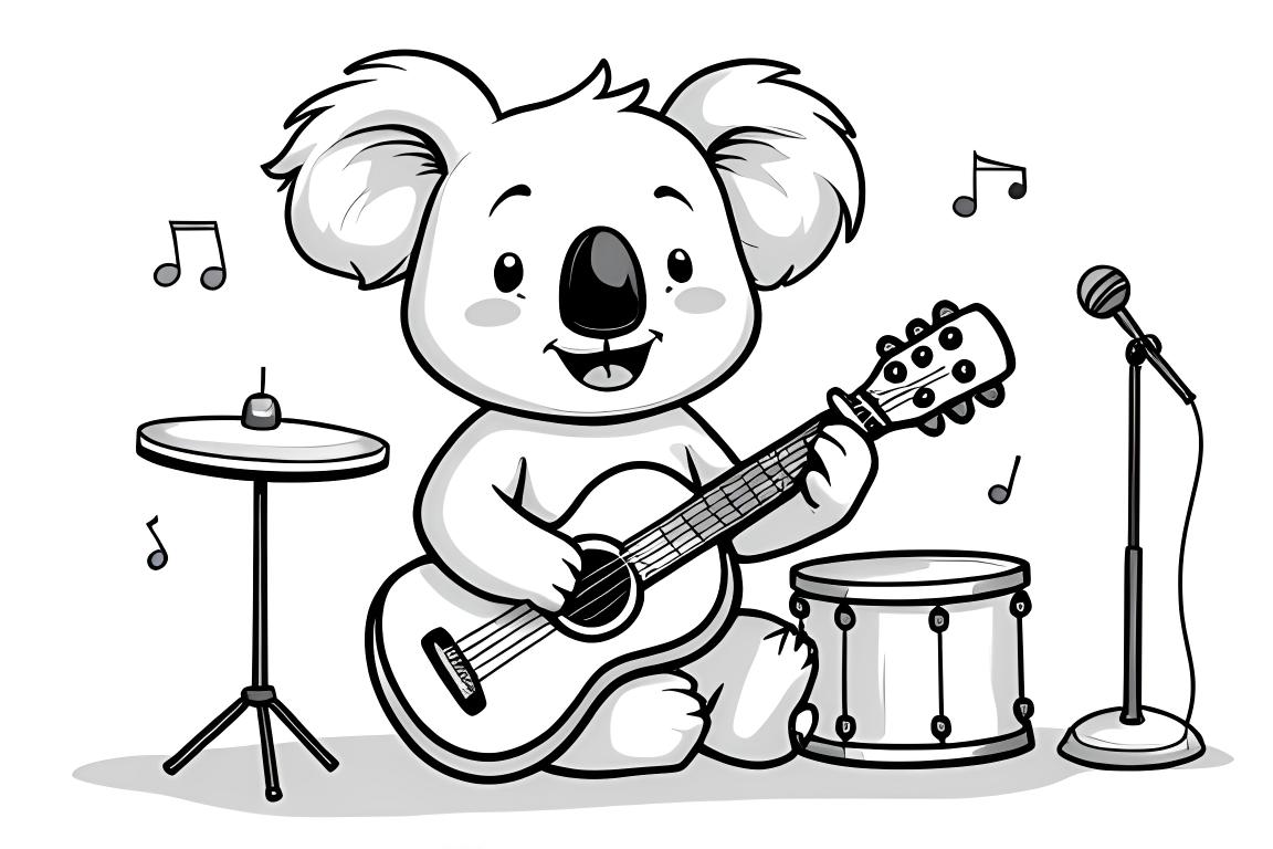 Musikalisk barnbok illustration av koala som spelar gitarr och trummor, perfekt för 6-åringar
