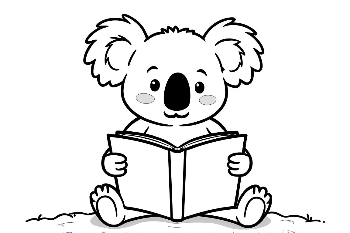 Illustration simple de livre de coloriage pour enfants d'un koala lisant un livre pour enfants de 3 ans