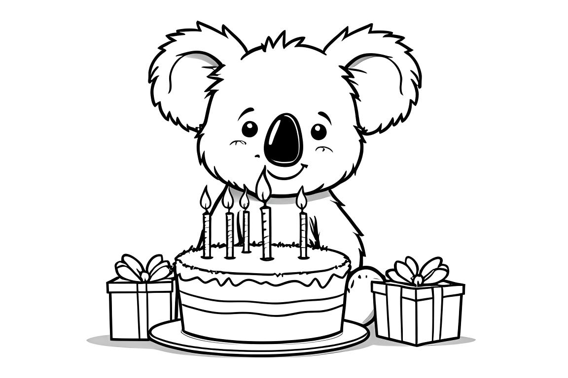 Simple children's coloring book illustration of a koala with birthday cake for 3-year-olds