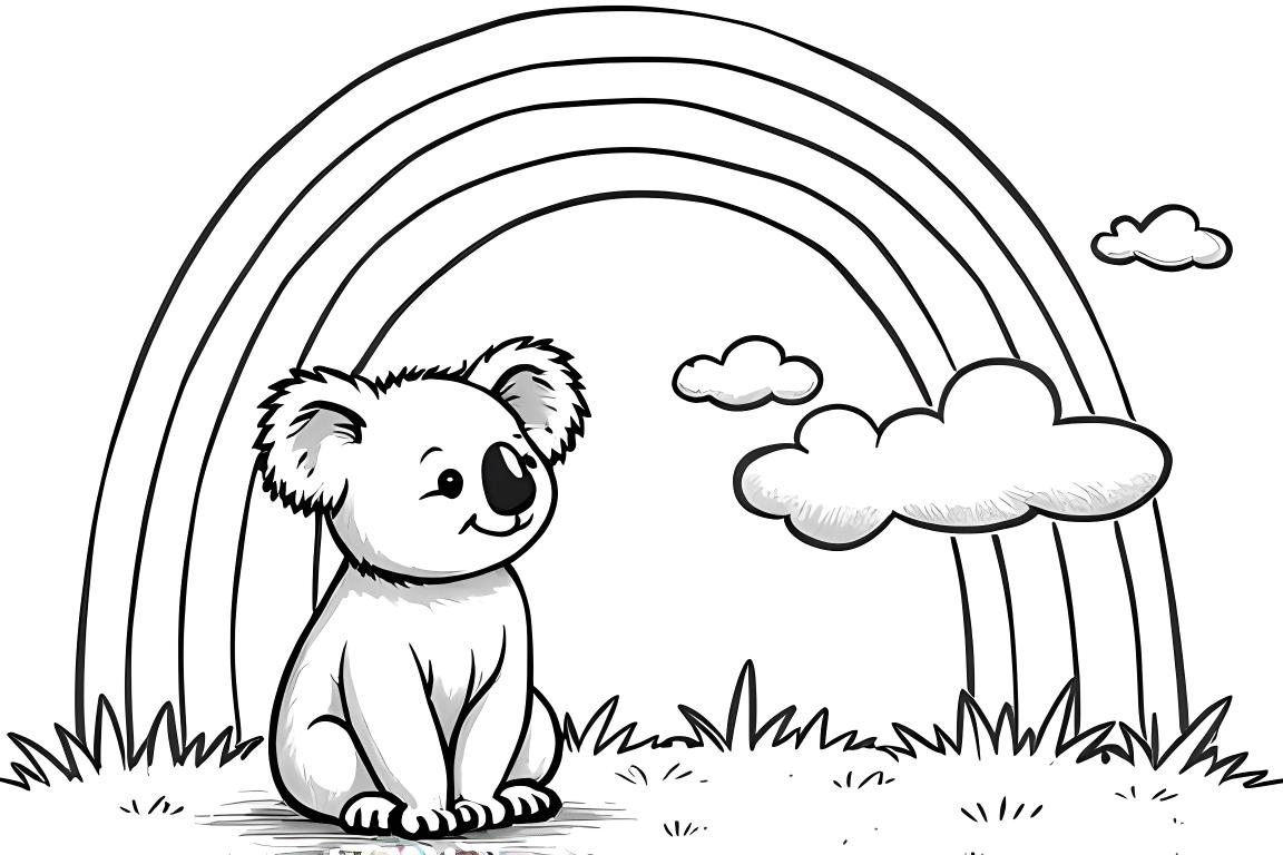 Ilustración simple para libro para colorear infantil de un koala con arcoíris para niños de 3 años