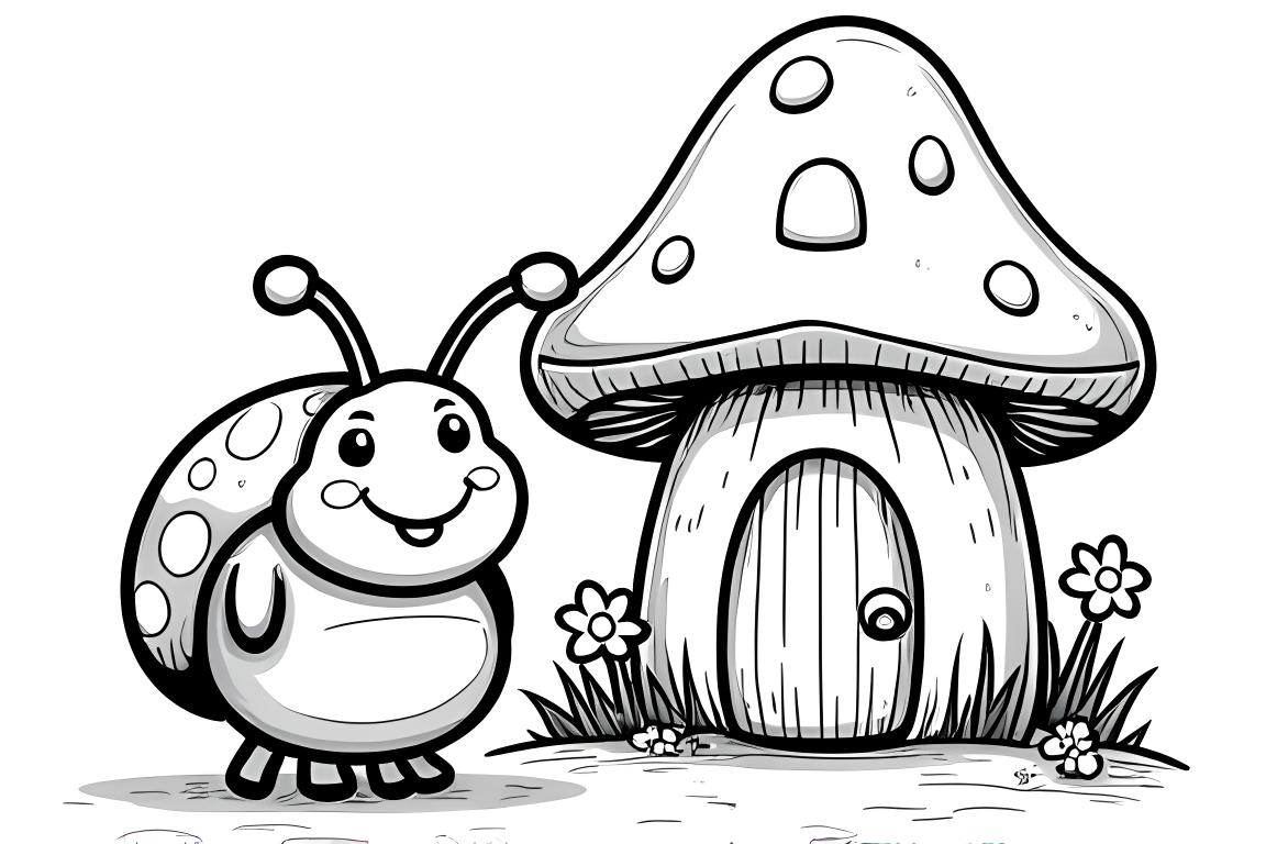 Illustration simple de livre de coloriage pour enfants d'une coccinelle près d'une jolie maison en champignon avec des fleurs