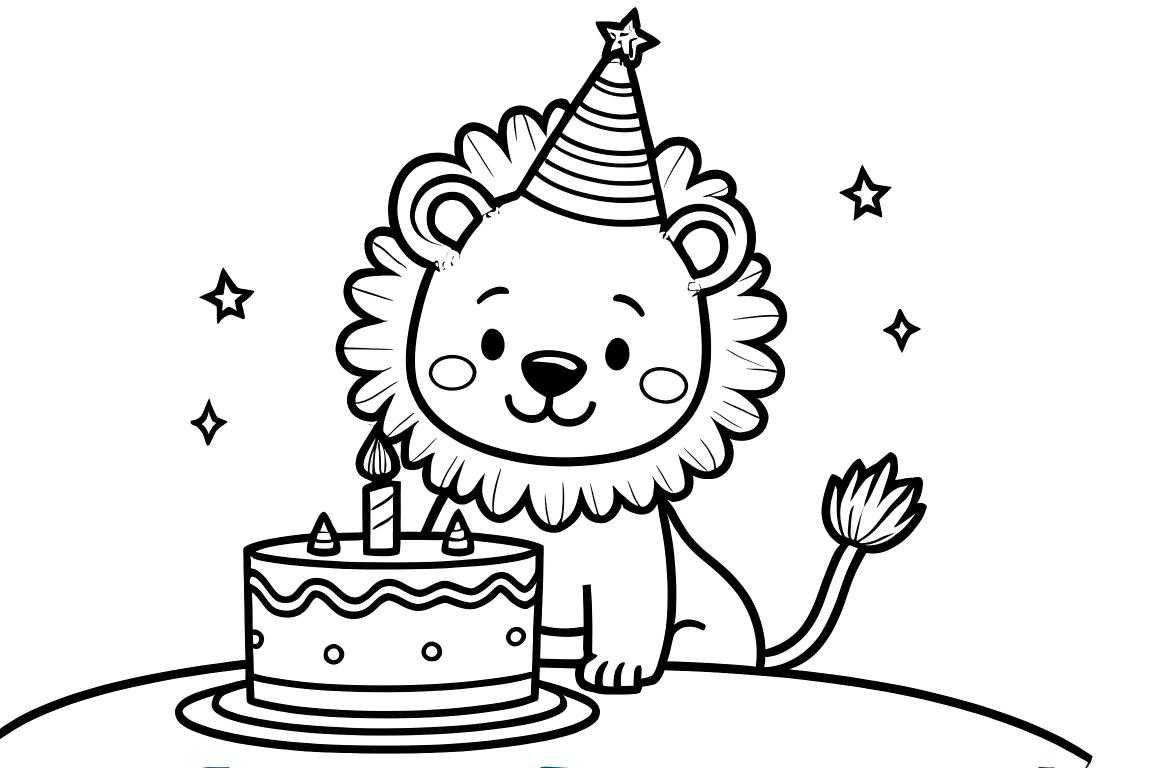 En enkel målarbok illustration av ett glatt lejon med födelsedagstårta och partyhatt, perfekt för småbarn