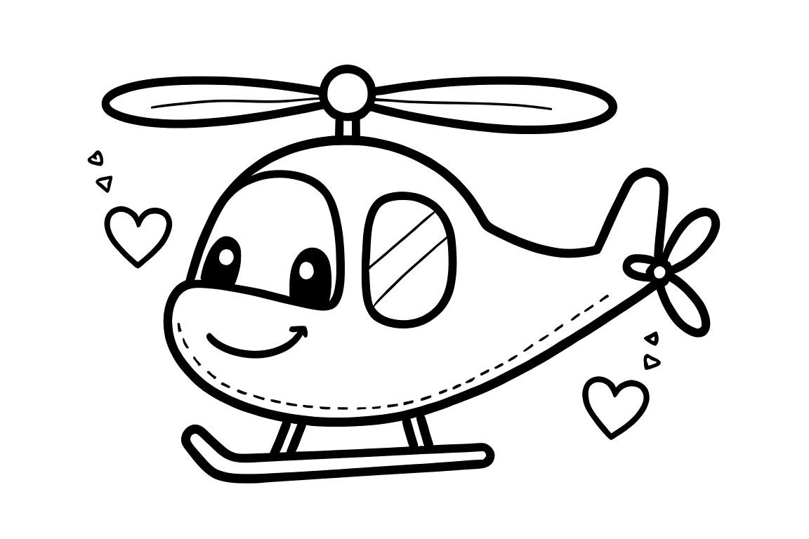 Página adorable para colorear para niños de un helicóptero pequeño con una cara feliz y corazones, diseñada para niños de 3 años