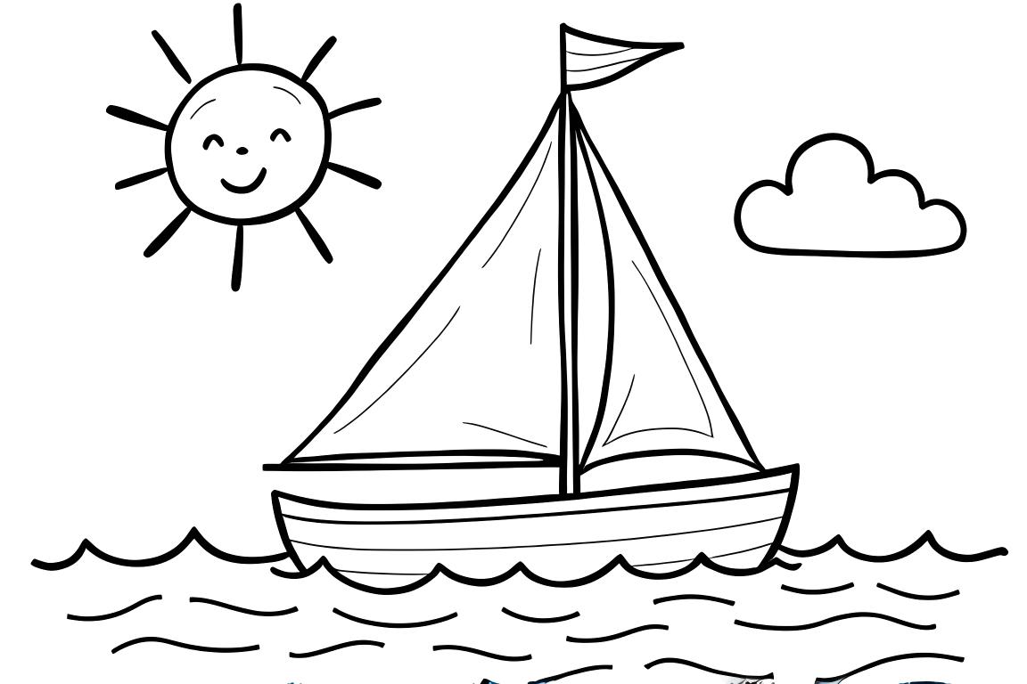 Pagina da colorare semplice per bambini che mostra una barca a vela di base con sole e nuvole per bambini di 3 anni