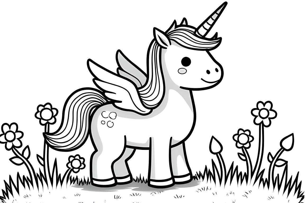 Children's coloring book illustration of a magical alicorn standing in a flower garden with clear outlines for easy coloring