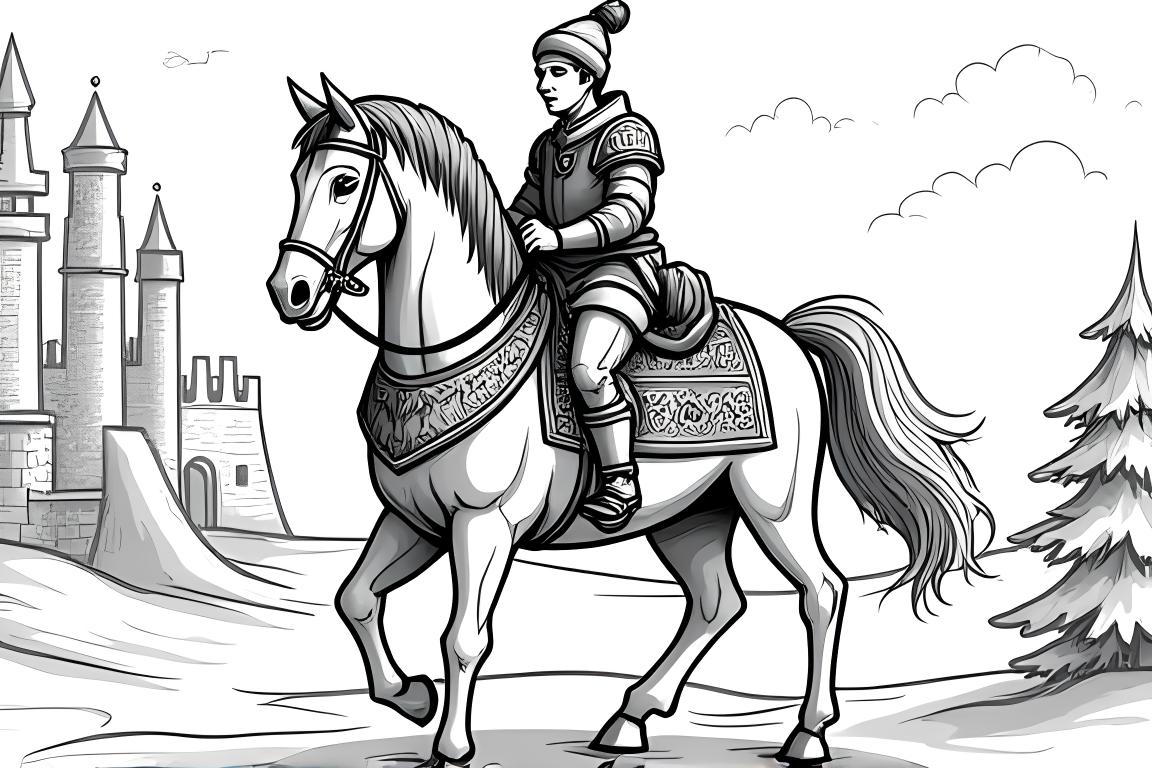 Página de colorear detallada para niños de un caballo en atuendo navideño medieval con fondo de castillo