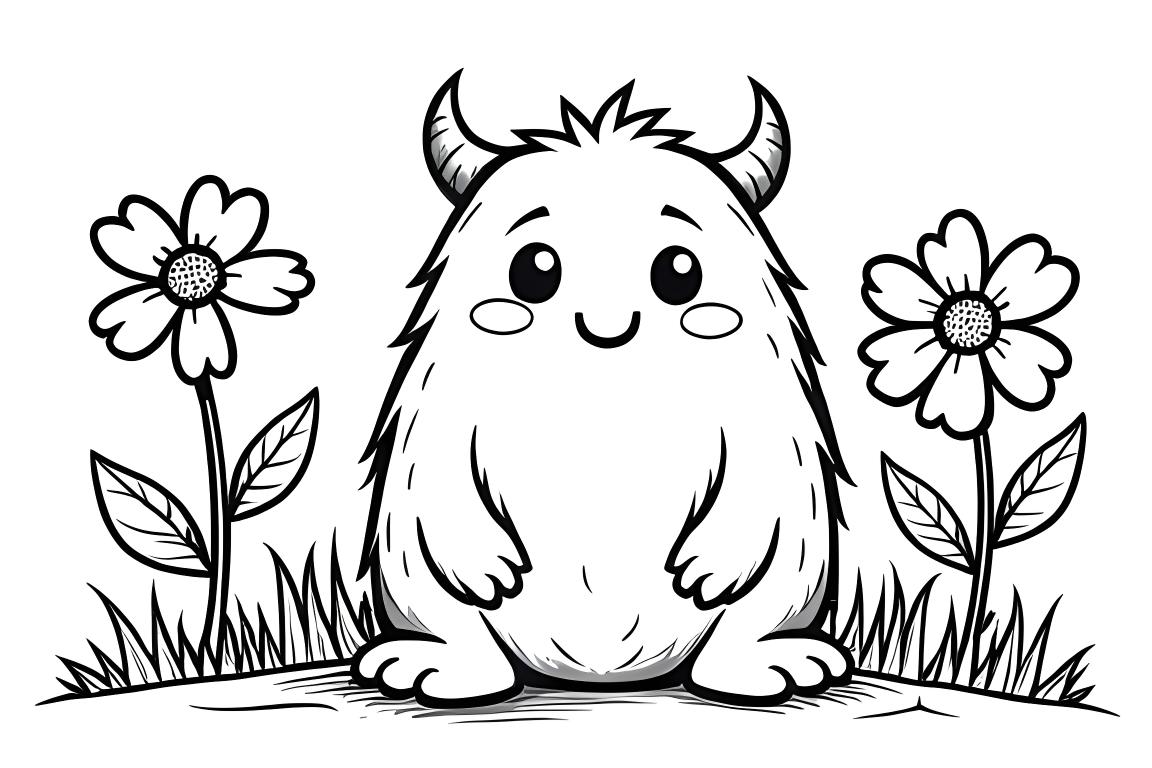 Página de libro para colorear para niños que muestra a un monstruo amigable sentado en un jardín simple con flores