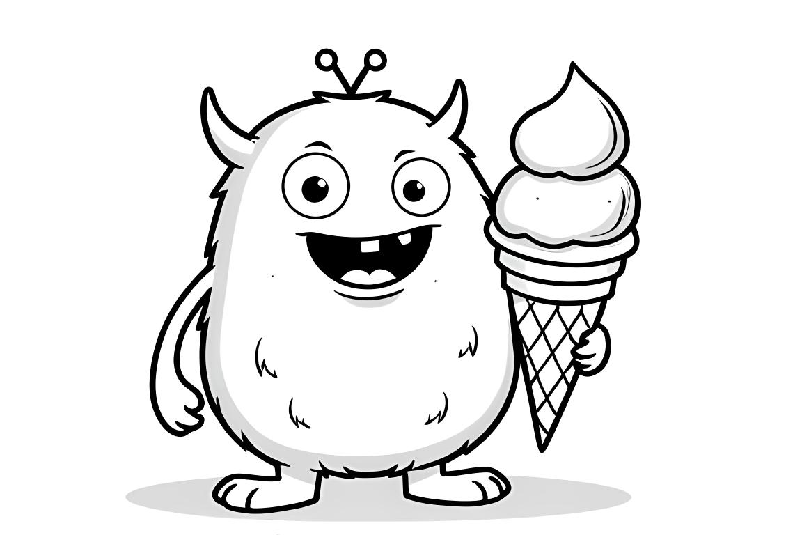 Ilustración simple de libro para colorear de un monstruo feliz sosteniendo un cono de helado, perfecto para niños pequeños