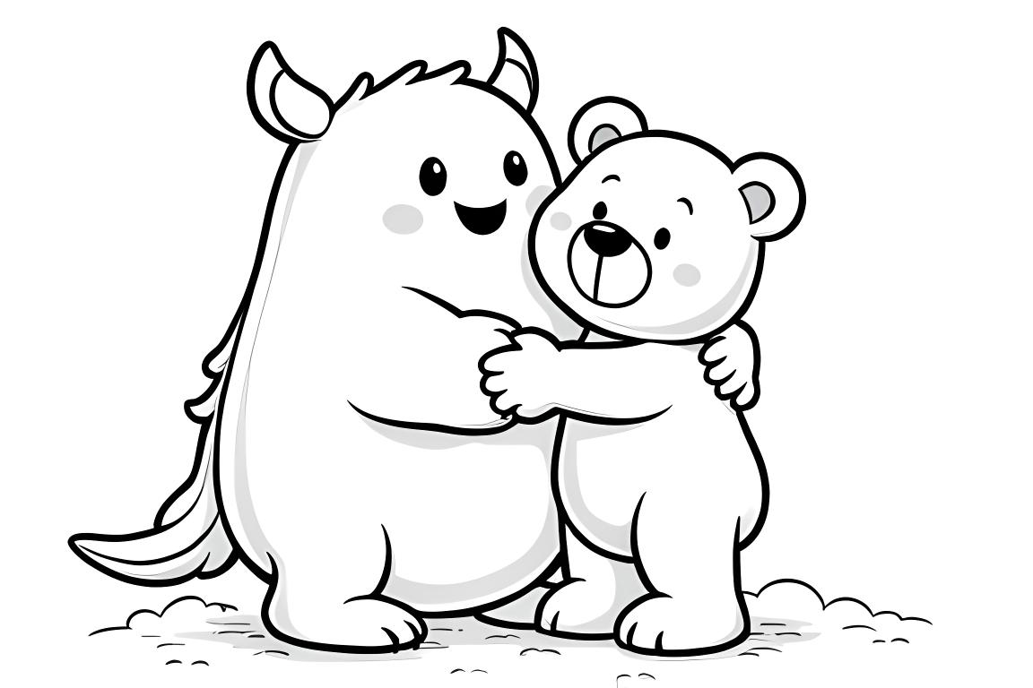 Illustration facile de livre de coloriage d'un monstre amical câlinant un ours en peluche, parfait pour enseigner l'amitié aux tout-petits