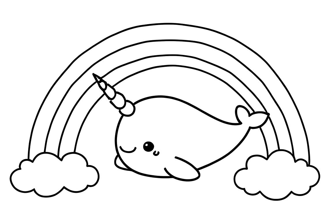Página simple para libro para colorear infantil de un narval bajo un arcoíris, diseñada para niños de 3 años