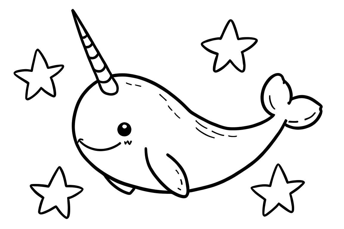Page de livre de coloriage facile pour enfants d'un narval entouré de grandes étoiles, conçue pour les tout-petits de 3 ans