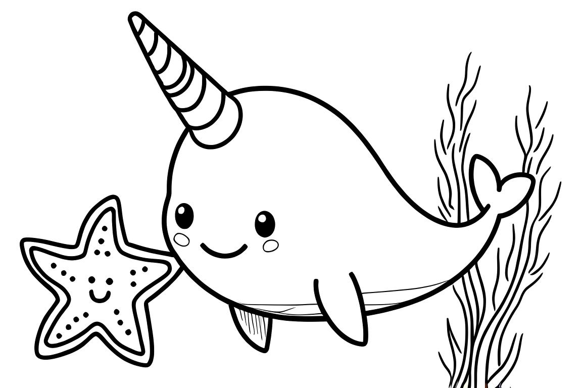 Semplice illustrazione di un libro da colorare per bambini di un narvalo amichevole e una stella marina che nuotano insieme