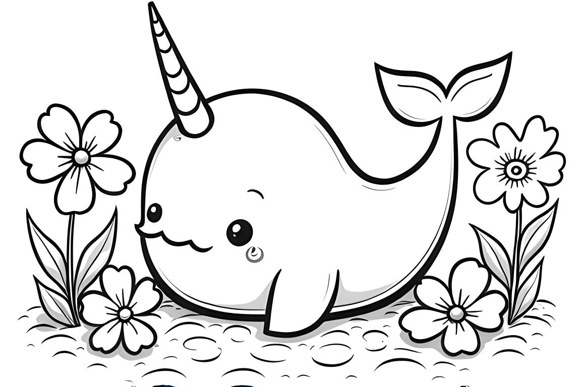 Dulce ilustración para libro para colorear infantil de un narval en un jardín de flores, diseñada para niños de 3 años