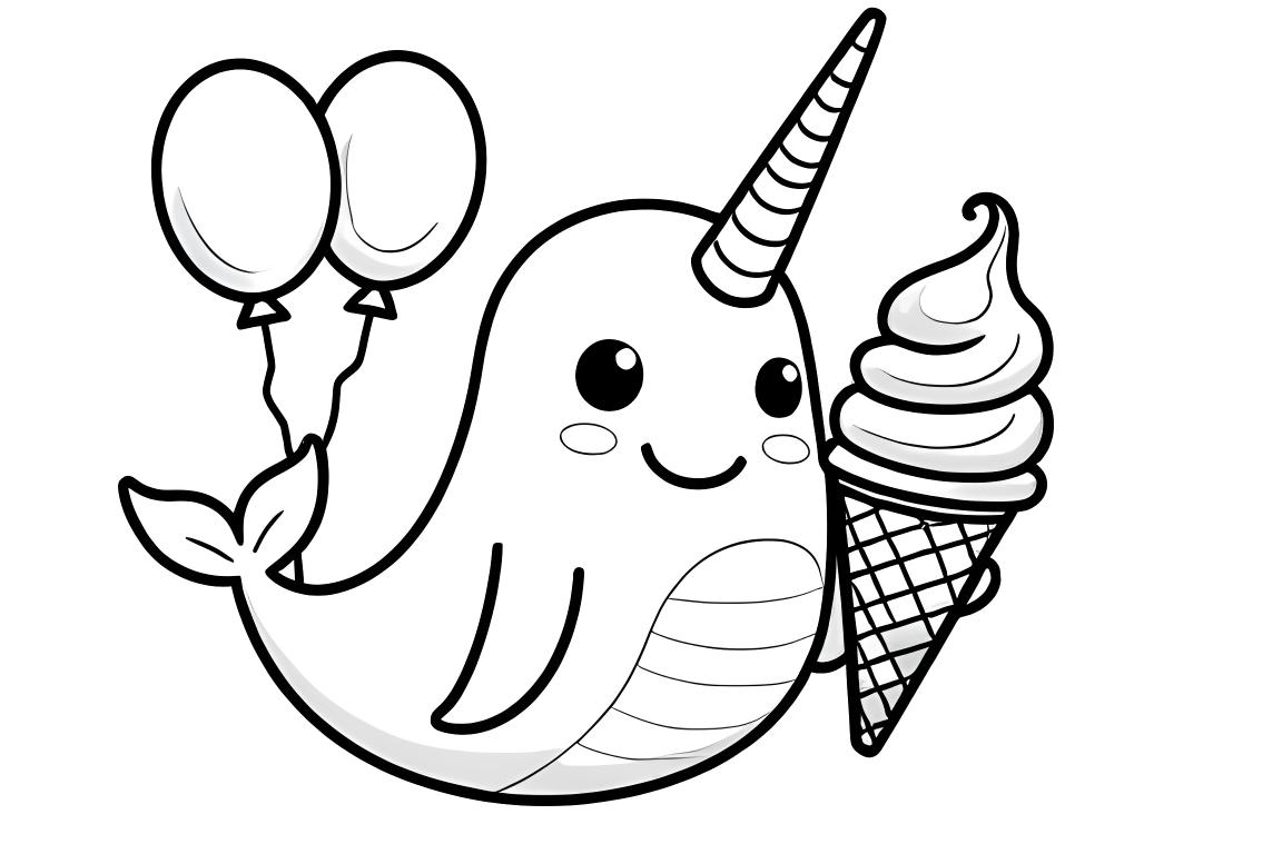 Ilustración de libro para colorear simple de un narval disfrutando de un gran cono de helado en una fiesta