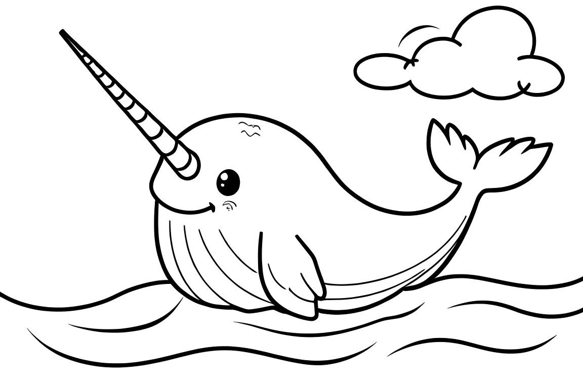 Semplice illustrazione per libro da colorare per bambini di un narvalo amichevole che nuota tra le onde oceaniche, perfetta per bambini di 3 anni