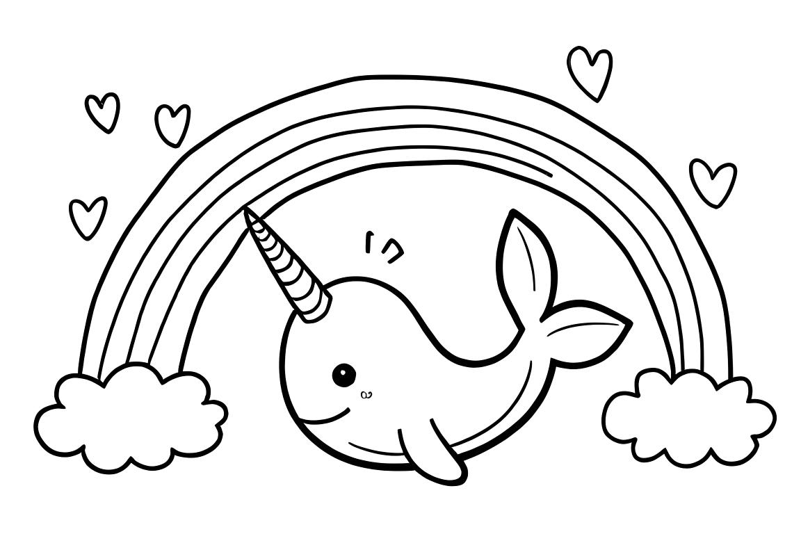 Ilustración simple del libro para colorear de un narval nadando bajo un arcoíris con nubes