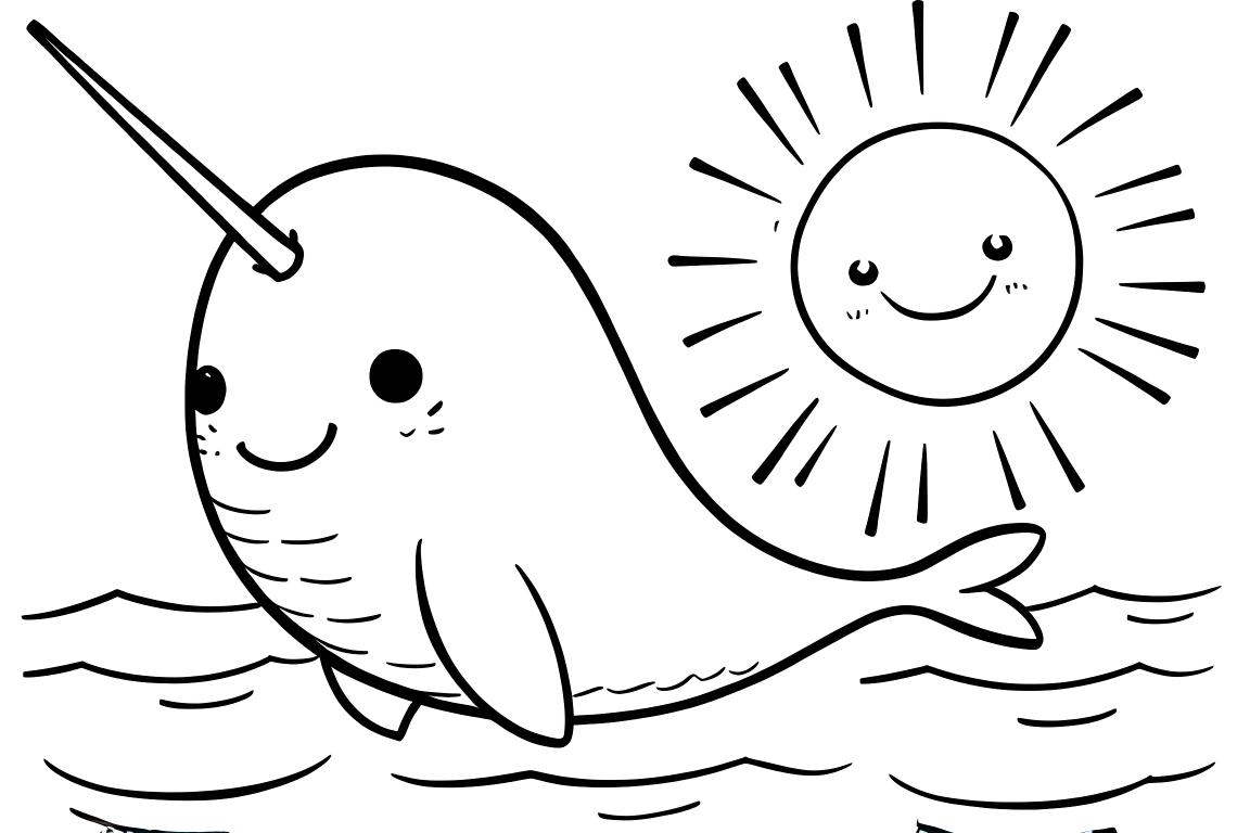 Illustration joyeuse de livre de coloriage pour enfants d'un narval sous un soleil souriant, parfait pour les enfants de 3 ans
