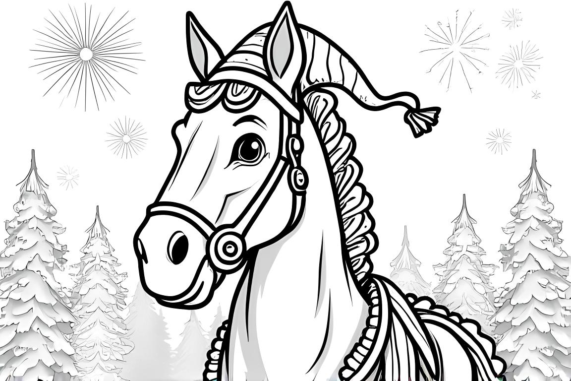 Pagina da colorare per bambini di un cavallo decorato in una parata di Capodanno con persone che celebrano