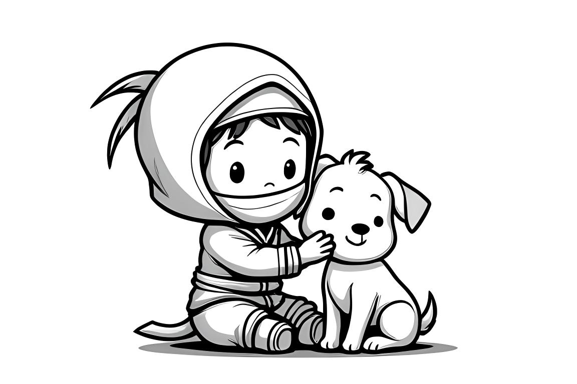 Page de livre de coloriage simple pour enfants d'un ninja amical jouant avec un mignon chiot, idéal pour les tout-petits
