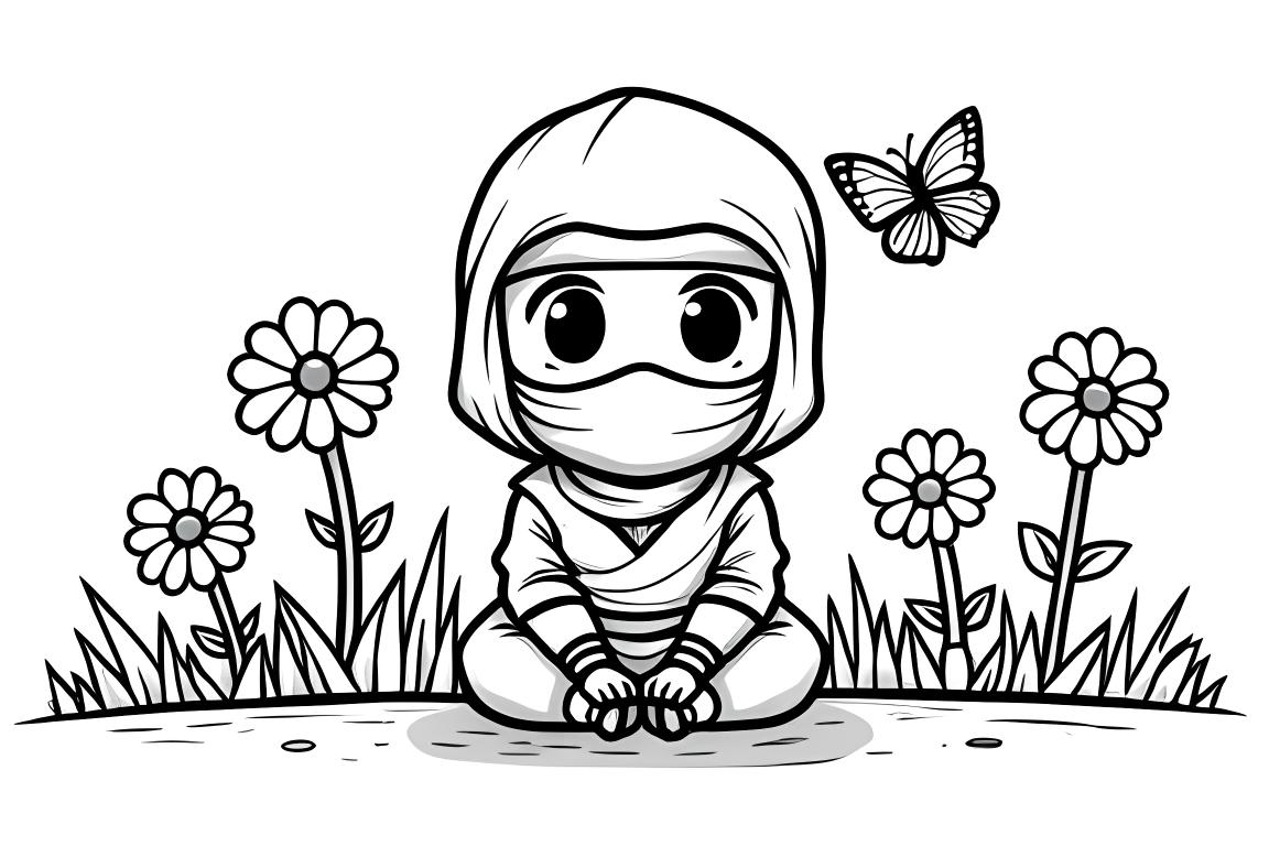 Illustrazione del libro da colorare per bambini di un ninja felice in un giardino con fiori e farfalle, perfetta per i bambini piccoli