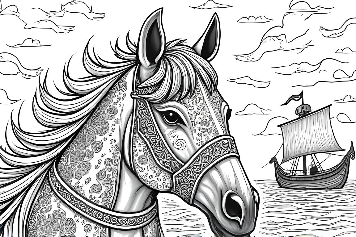 Ilustración detallada de un libro para colorear infantil de un caballo inspirado en Noruega con elementos y patrones vikingos.