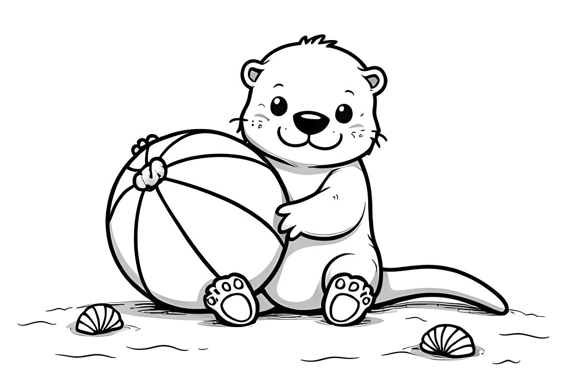 Page de coloriage facile d'une loutre jouant avec un ballon de plage, parfaite pour les enfants de 3 ans