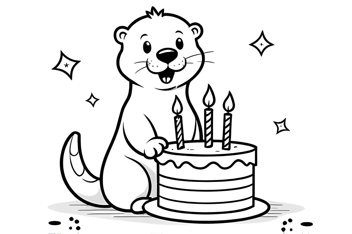 节日气氛的填色书页面,描绘一只水獭拿着生日蛋糕,非常适合3岁儿童的生日庆祝