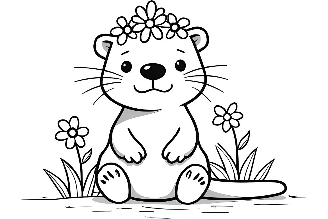 Adorable illustration de livre de coloriage d'une loutre portant une couronne de fleurs, conçue pour les enfants de 3 ans