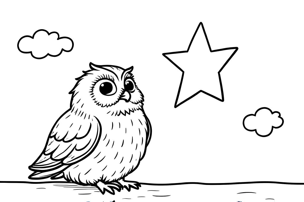 Pagina semplice di un libro da colorare di un gufo che raggiunge una grande stella per i bambini piccoli