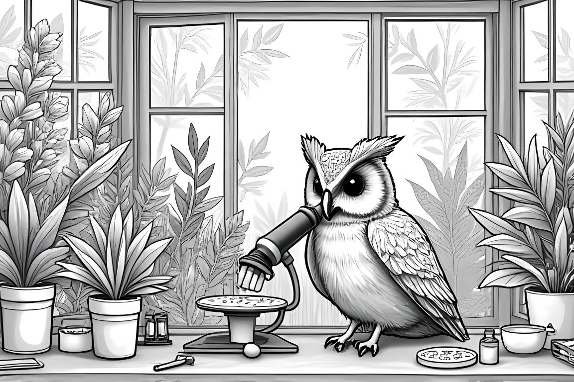 Ilustração detalhada de um livro de colorir de uma coruja estudando plantas em um elaborado jardim botânico