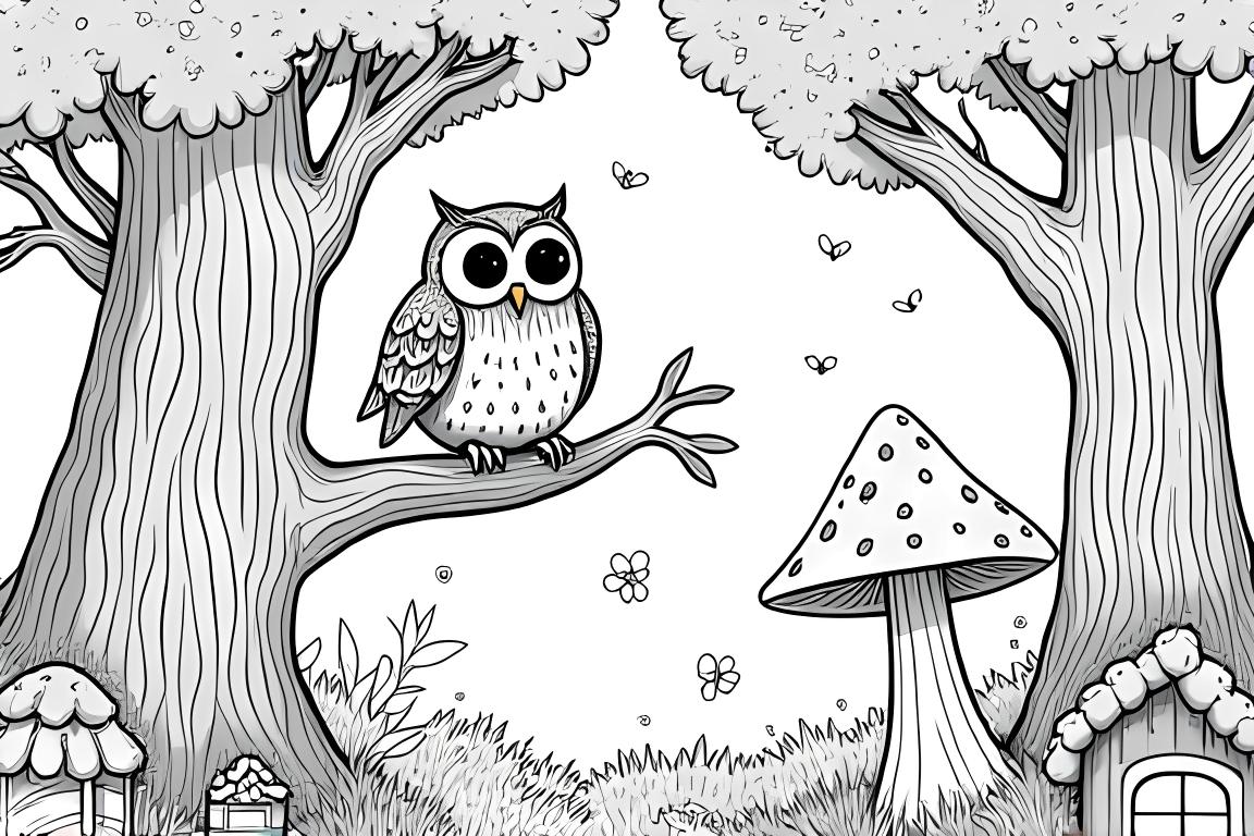 Ilustración detallada de un libro para colorear de un búho en un complejo entorno de bosque encantado.