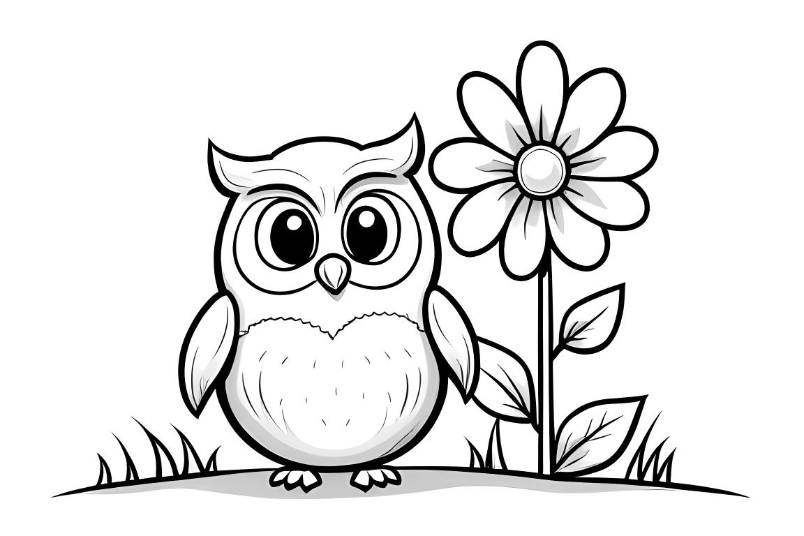 Ilustração simples de livro de colorir de uma coruja ao lado de uma grande flor para crianças pequenas