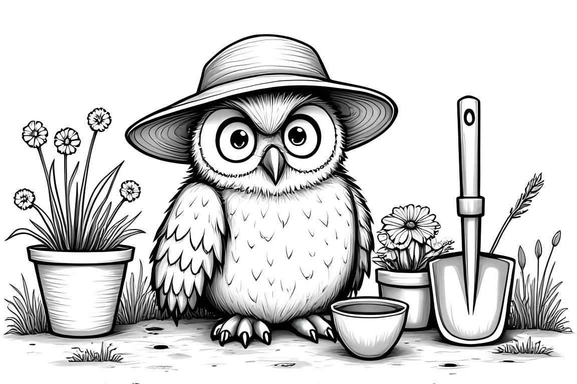Página de livro de colorir de uma coruja trabalhando em um jardim para crianças em idade escolar
