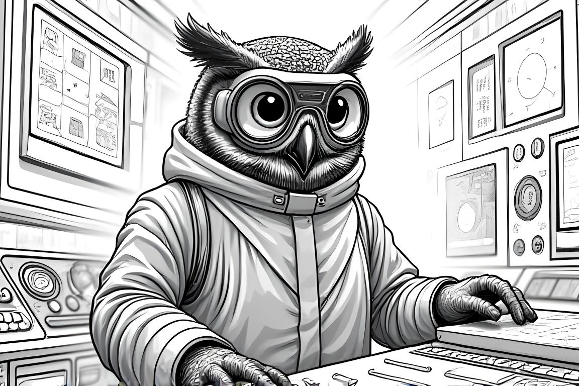 Detailed coloring book illustration of an owl scientist working in an advanced space laboratory