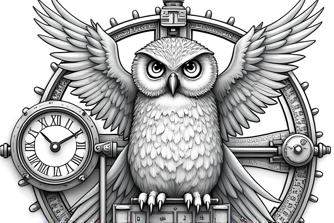 Ilustração detalhada de um livro de colorir de uma coruja operando uma intricada máquina do tempo com elementos steampunk