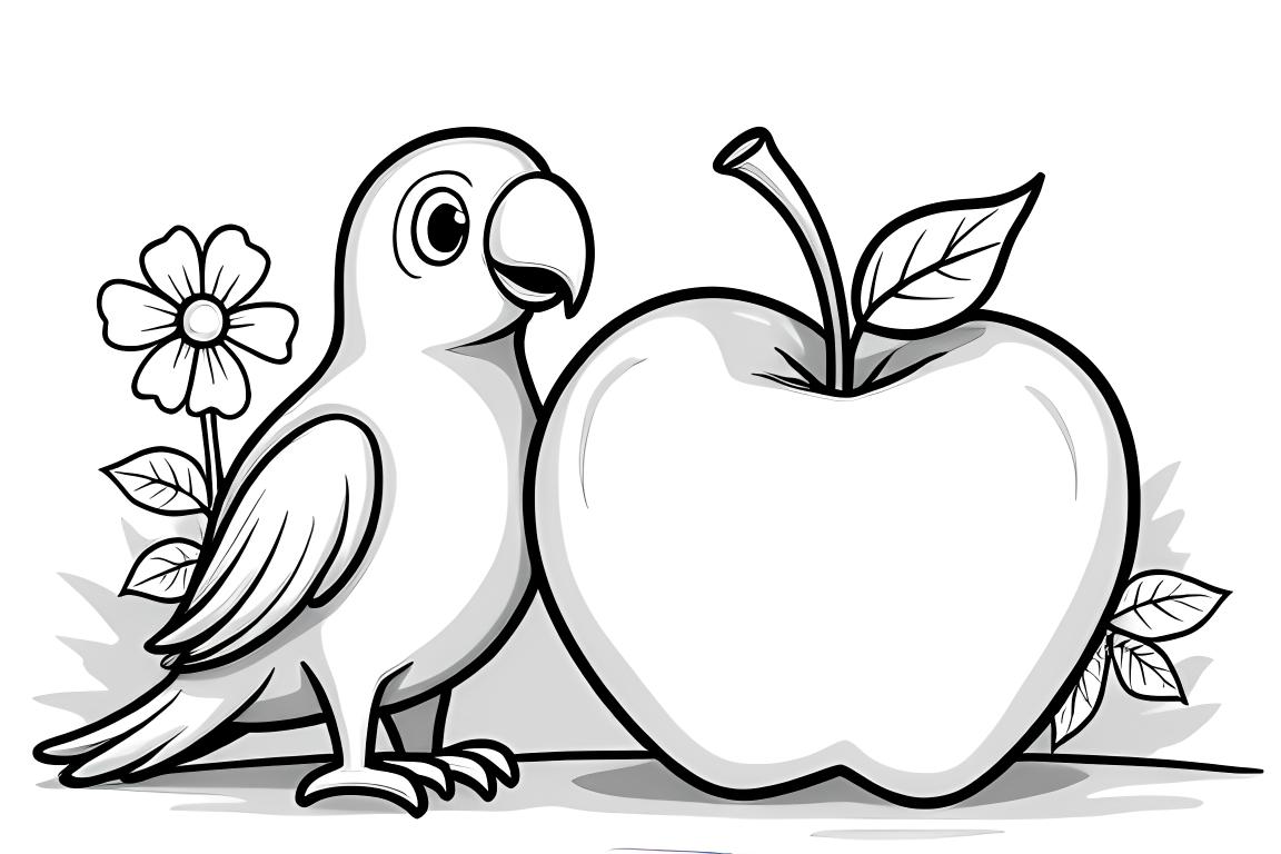 Página de libro de colorear sencilla con un pájaro y una gran manzana, perfecta para niños pequeños