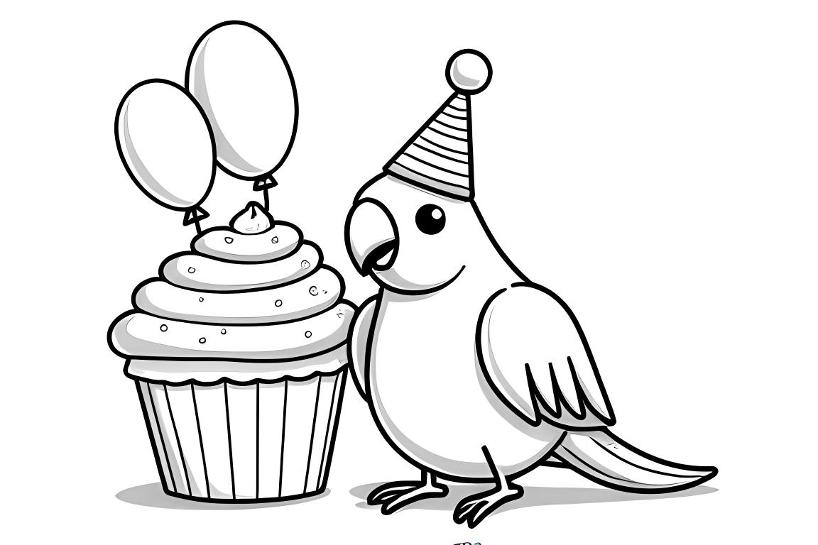 Semplice pagina di un libro da colorare per bambini di un pappagallo che festeggia con cupcake e cappello da festa, perfetta per i bambini piccoli