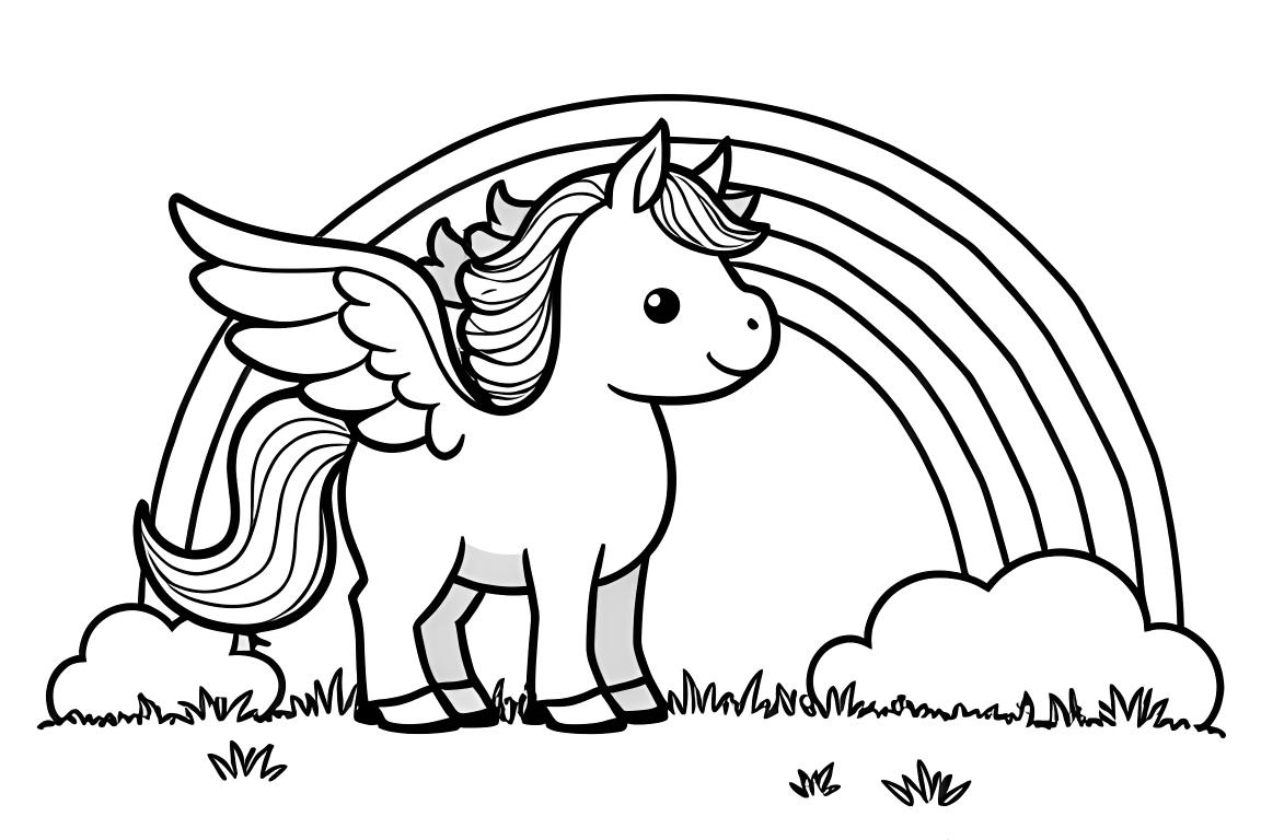 Makkelijke kleurboekpagina voor kinderen met een pegasus naast een regenboog, ontworpen voor peuters van 3 jaar