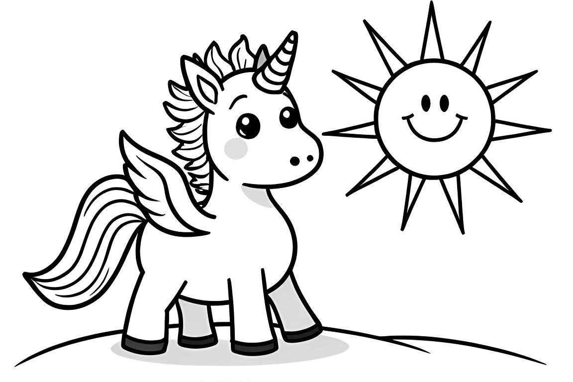 Page de coloriage joyeuse pour enfants d'un pégase avec un soleil souriant, conçue pour les enfants de 3 ans