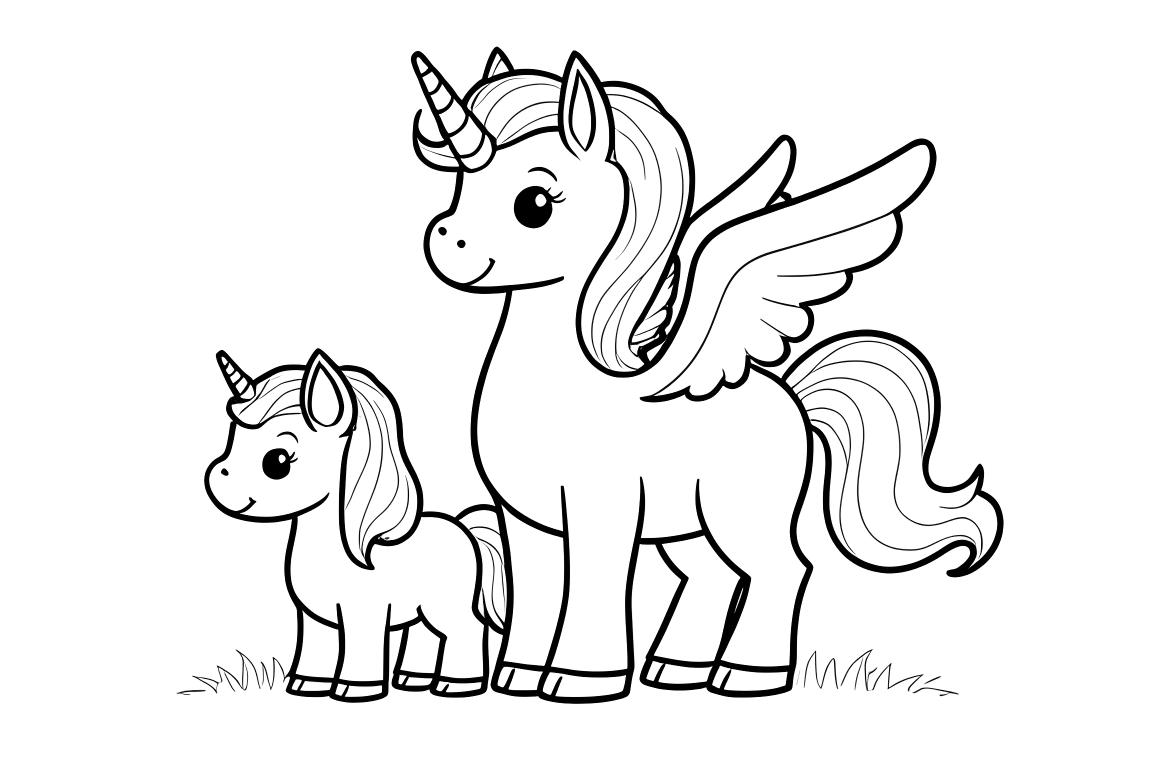 Page de coloriage réconfortante pour enfants d'une famille de pégases, parfaite pour les tout-petits de 3 ans