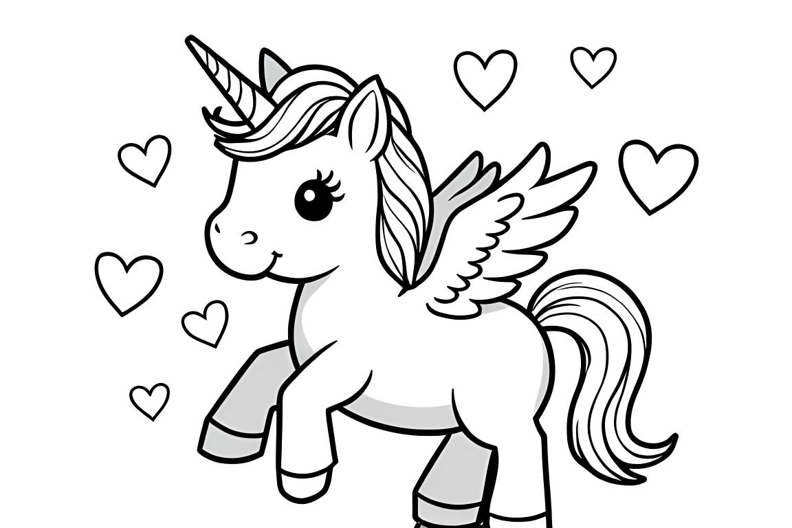 Dolce illustrazione da colorare per bambini di un pegaso con cuori fluttuanti, perfetta per bambini di 3 anni
