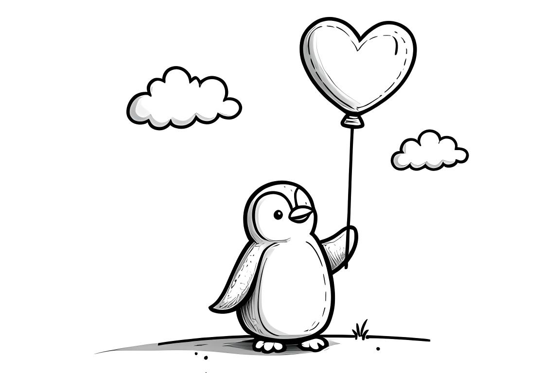 Folha de colorir simples para crianças apresentando um pinguim fofinho segurando um balão em forma de coração, perfeita para crianças pequenas