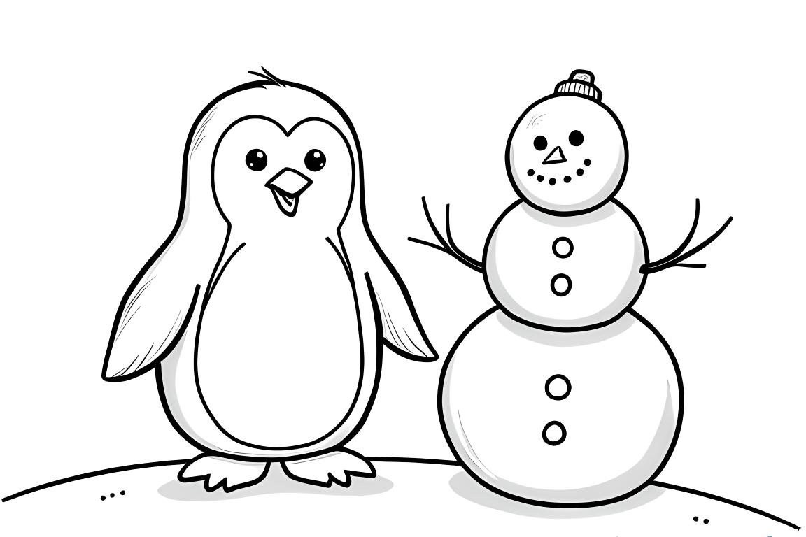 Einfache Malbuch-Illustration eines Pinguins, der einen Schneemann baut, perfekt für das Ausmalen im Winter für Kleinkinder