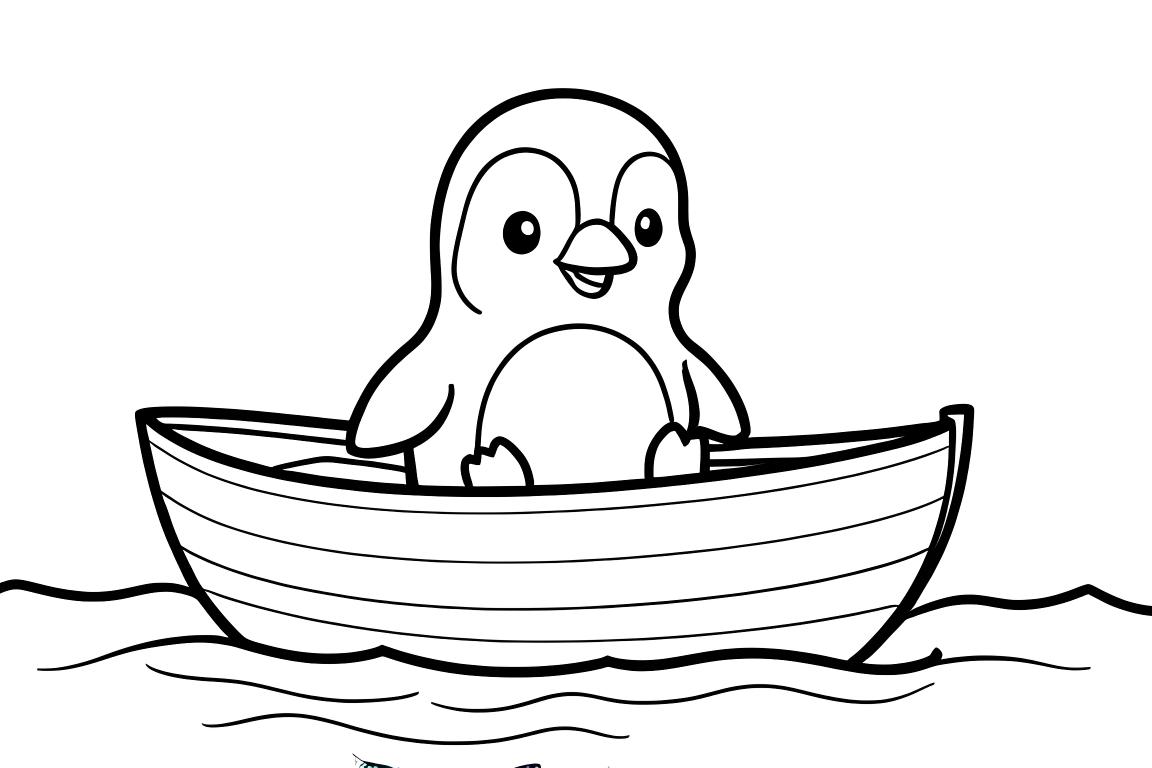 Page amusante de coloriage pour enfants d'un manchot dans un bateau sur l'eau, parfaite pour les thèmes de transport des tout-petits