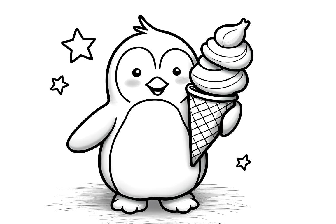 Página sencilla para colorear de un lindo pingüino con un cono de helado, perfecta para los más pequeños