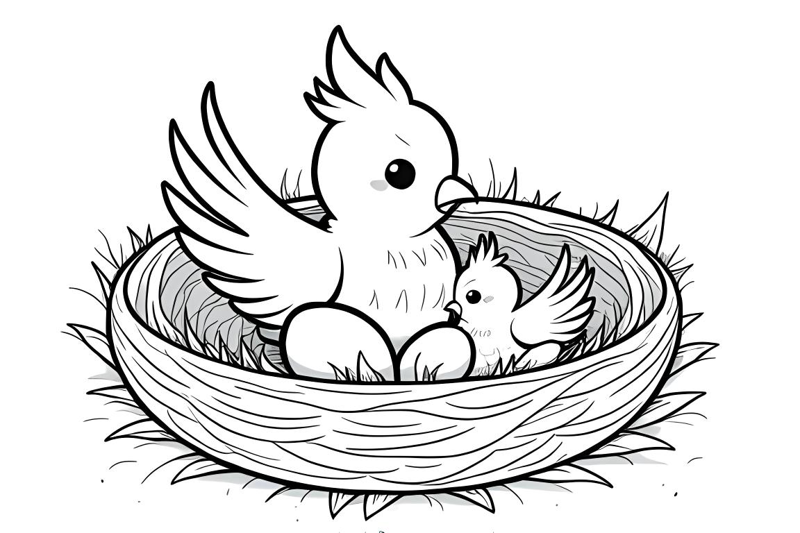 Semplice illustrazione per libro da colorare per bambini di una famiglia di fenici nel nido, perfetta per bambini di 3 anni